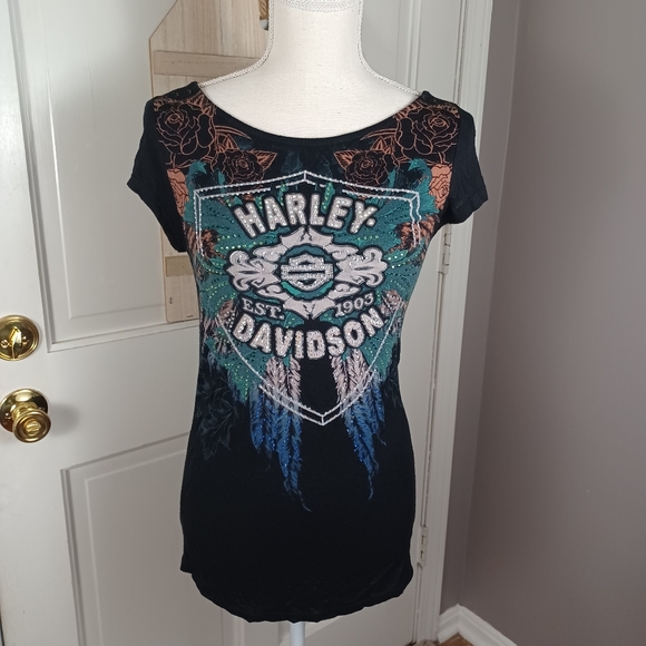 Harley Davidson Rose Wing Tee XS Black -Lace Back -Rhinestone Embellished - Picture 9 of 10